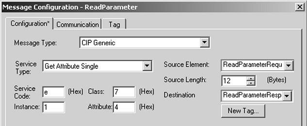 Az MSG parancsban a gombra kattintva megnyílik a "Message Configuration" ablak (lásd alábbi ábra). 11767AXX A "Message Type" paramétert állítsa "CIP Generic" értékre.
