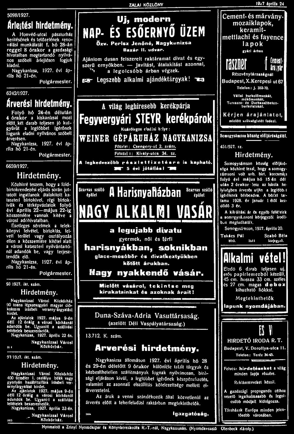 5098/1927. Hrlejtési hirdetmény. A Honvéd-utcai pásztorház kerítésének és tetőzetének renoválási munkálatát f.