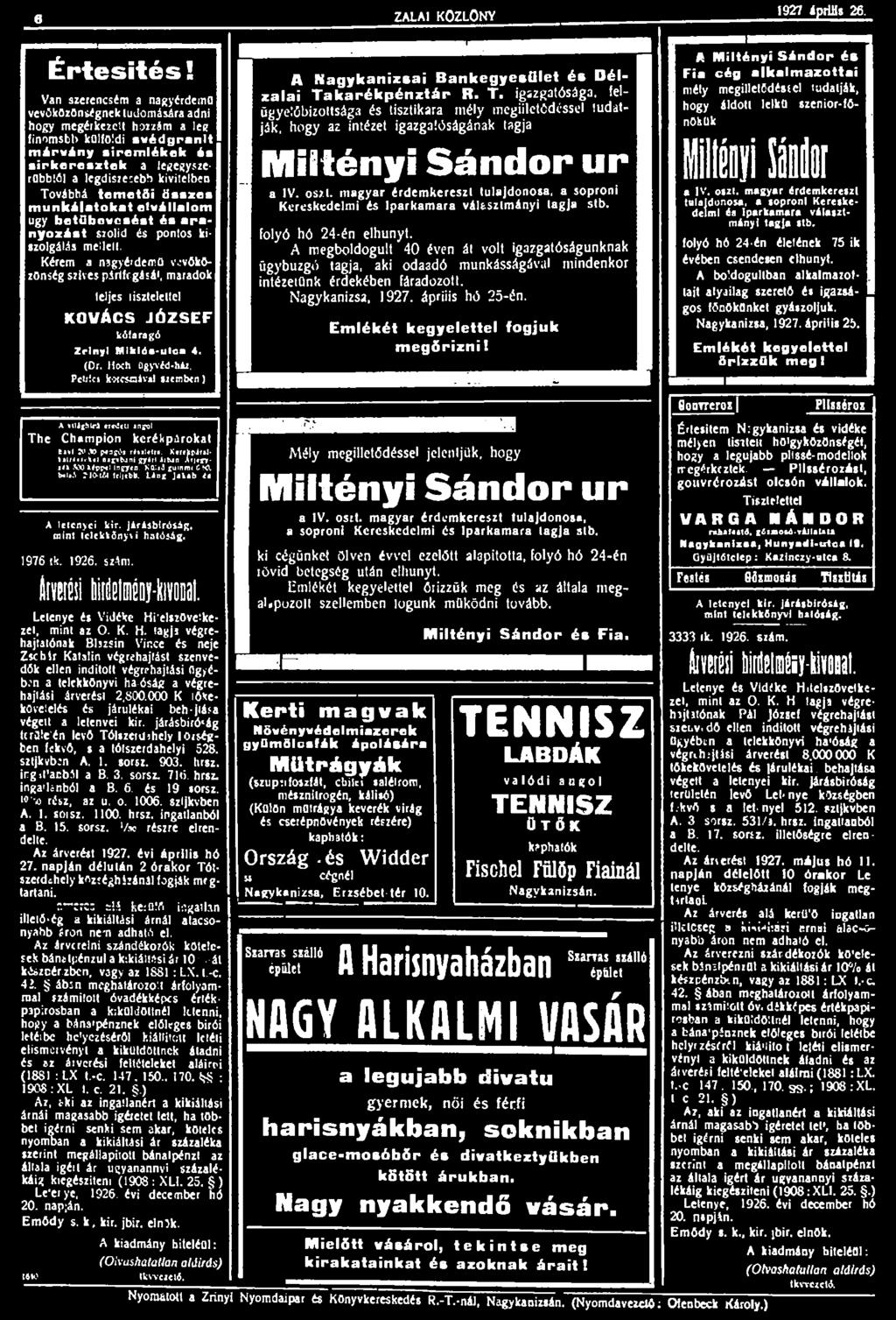 6 ZALAI KÖZLÖNY 1927 Április 26. Értesités!