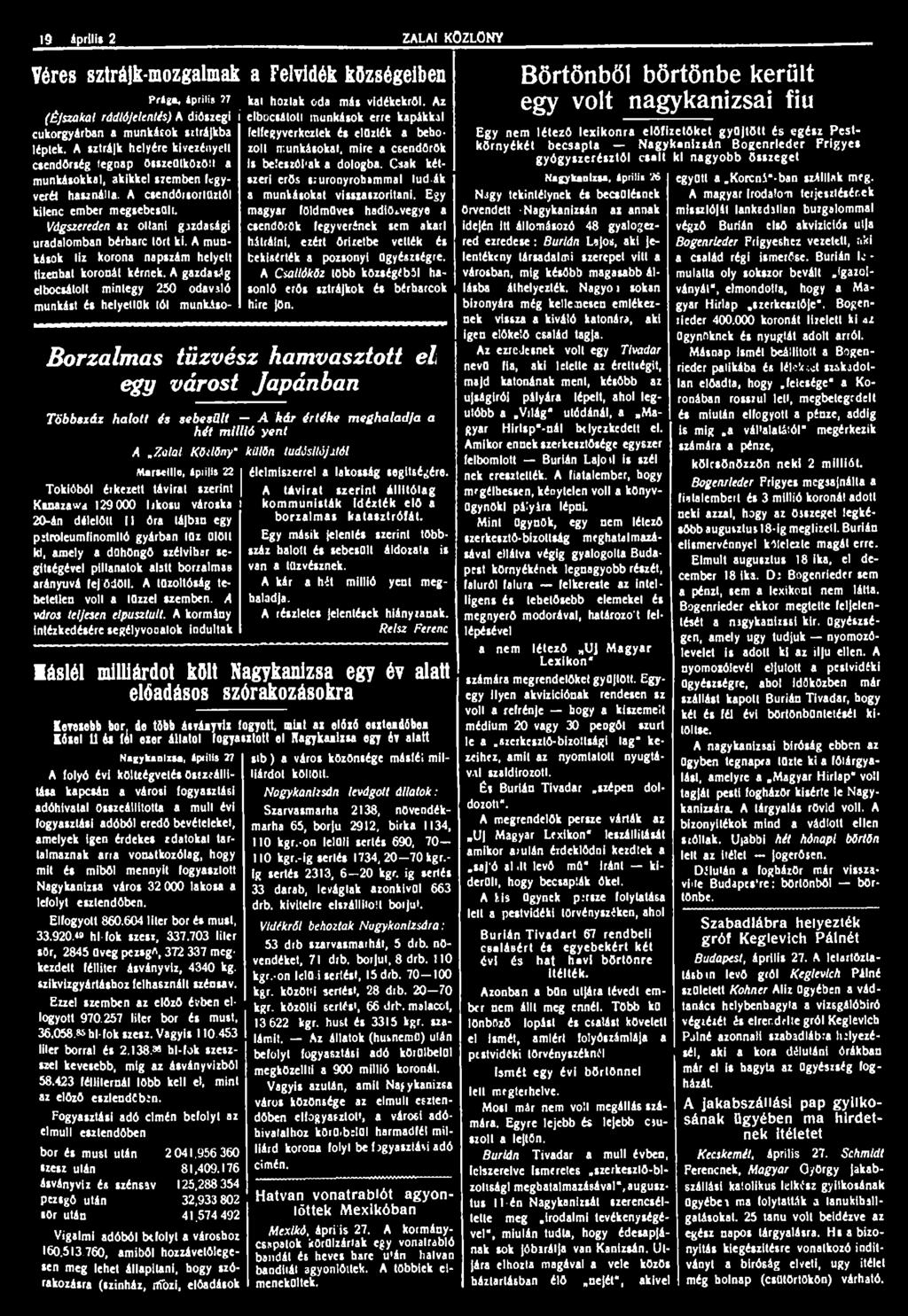 1927 április 21 ZALAI KÖZLÖNY Téres sztrájk-mozgalmak a Felvidék községeiben Prága, Április 77 (ÉjszakaI rádlőjelenlés) A diószegi cukorgyárban a munkátok sztrájkba léptek.