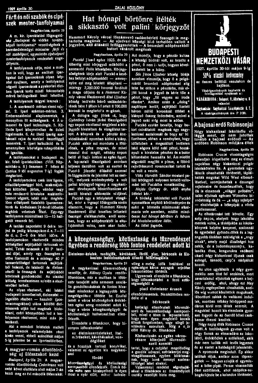 198T április 30 Férfi és nöi szabók és cipészek mester-tanfolyamai Nagykanizsa, Április 2J A m. kir. iparoktatási főigazgatóság.