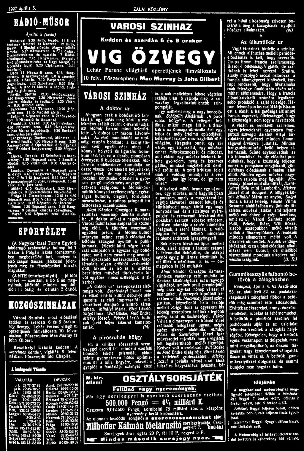 1927 április S. ZALAI KÖZLÖNY BÁD!ÓJ!ÜSOB Április 5 (kedd) Budapest 930 Hirek. tőzsde. 11 Hircs énekesek lemezei és tánczene. 12 Hirek, tőzsde. 4 Ifjúsági előadás: Magyar költők remekei. 5.15 Kamarazene.
