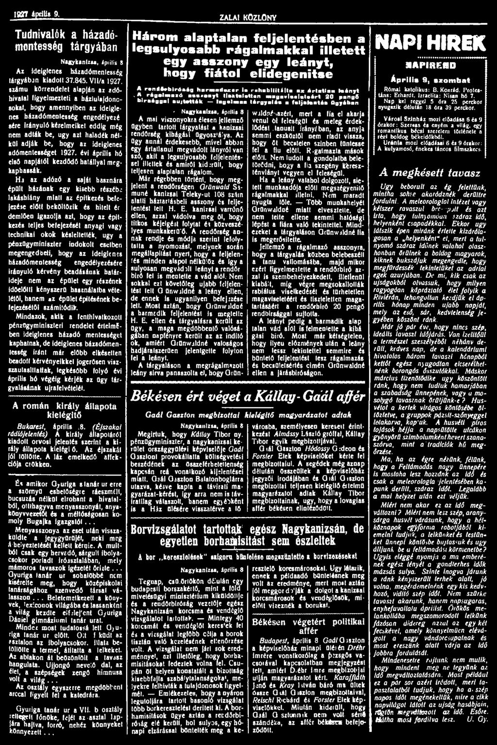 1927 április 9. Tudnivalók a házadómontesség tárgyában Nagykanizsa, ápiilis S Az Ideiglenes hizadómenlessig tárgyában kiadóit 37.845. Vll/a 1927.