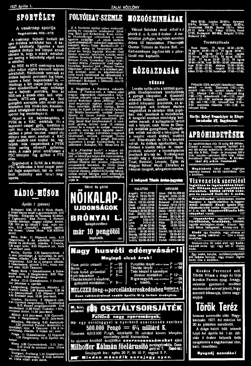 1927 iprllis I. ZALAI KÖZLÖNY SPORTÉLET A vasárnap sportja Nagykanizsán NSE-NTE A vasárnap: b3jnoki forduló két igen érdekei mérkőzési hoz.