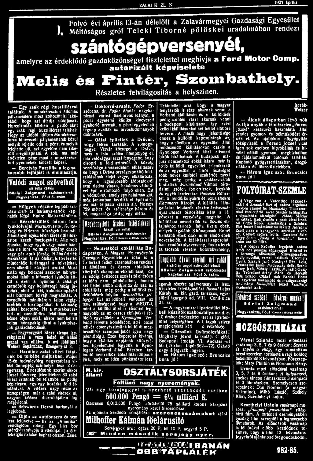 ZALAI KOZLONy 1927 április S.