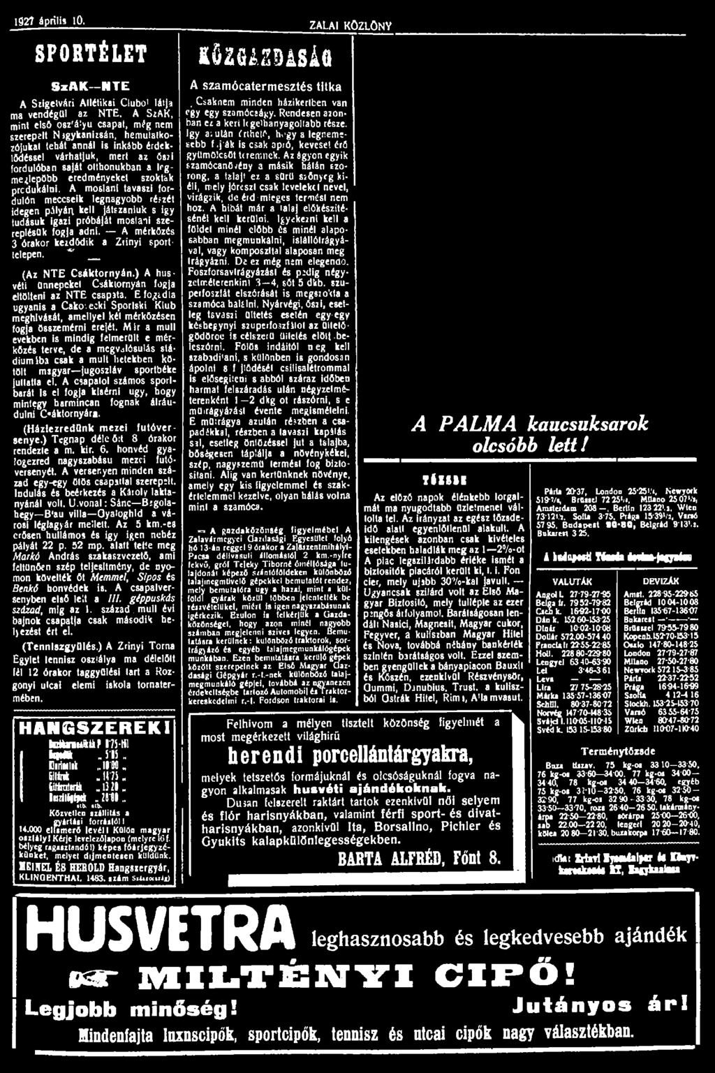 1927 április 10. SPORTÉLET SzAK NTE A Szigetvári Atlétikai Clubo' látja ma vendégül az NTE.
