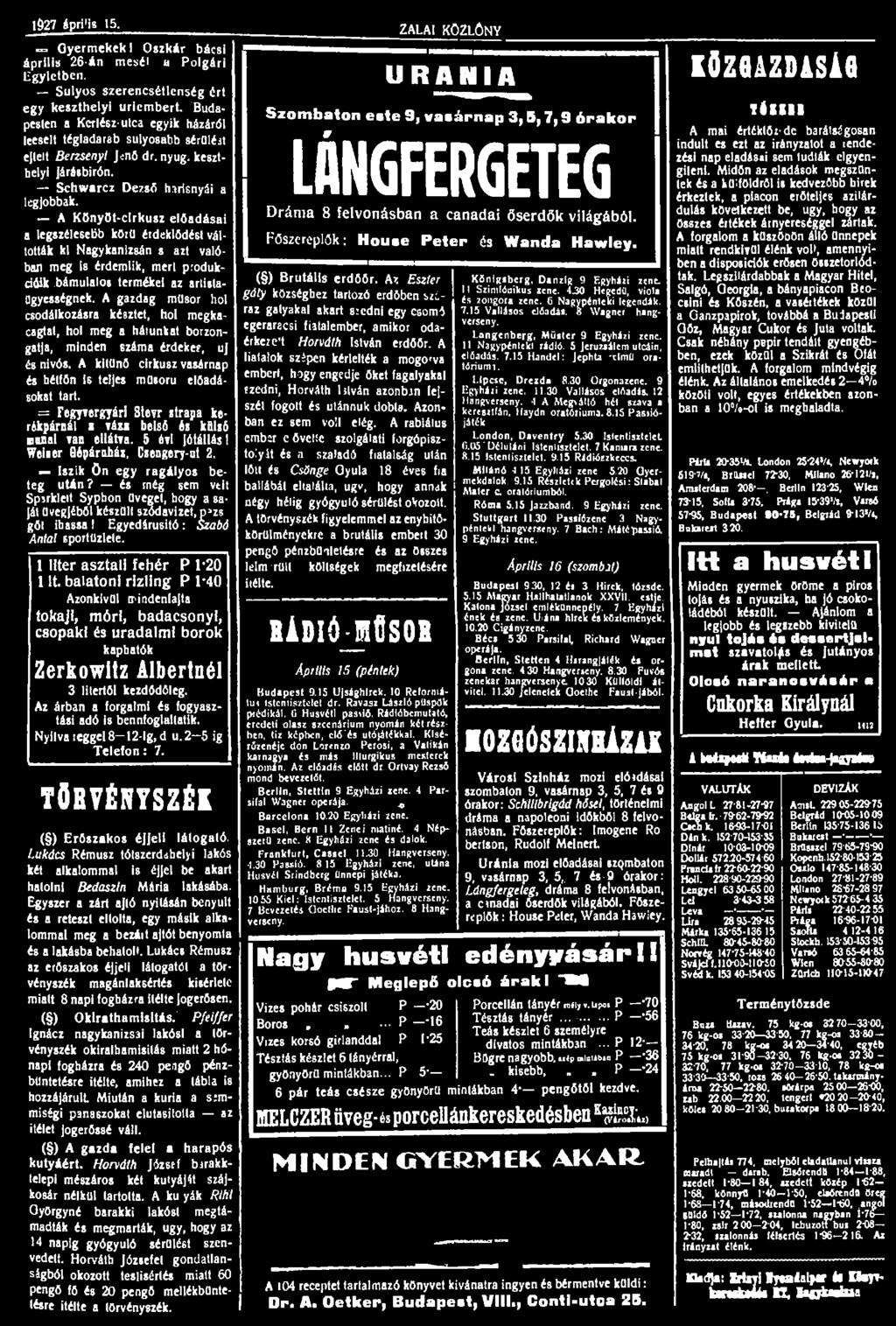 1927 ápri'ía 15. = Gyermekek I Oszkár bácsi április 26-án mesél a Polgári Egyletben. Súlyos szerencsétlenség ért egy keszthelyi úriembert.