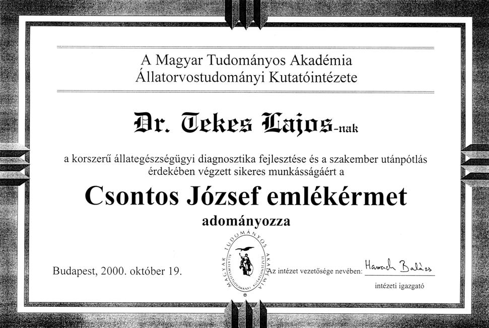 I. AZ ORSZÁGOS ÁLLATEGÉSZSÉGÜGYI INTÉZET Csontos József