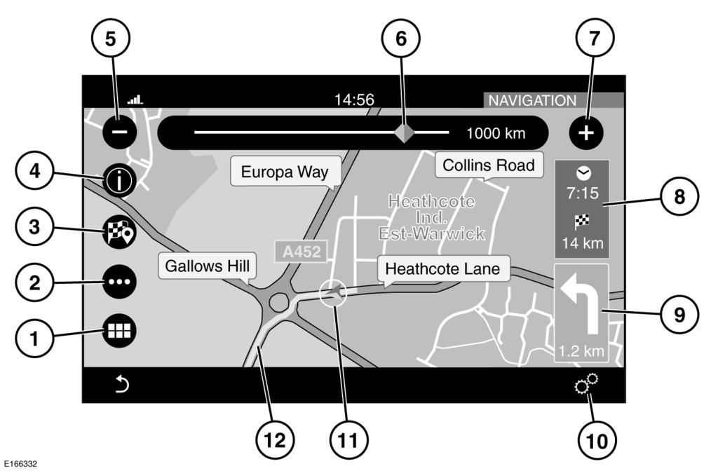 Navigációs rendszer TÉRKÉPKÉPERNYŐ A NAVIGATION (Navigáció) képernyő eléréséhez nyomja meg a navigációs gombot vagy érintse meg a HOME (Főmenü) érintőképernyő Navigation (Navigáció) elemét.