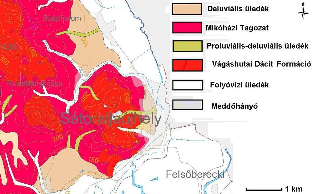 9. ábra Sátoraljaújhely felszíni földtana (Forrás: Magyar Földtani és Geofizikai Intézet;