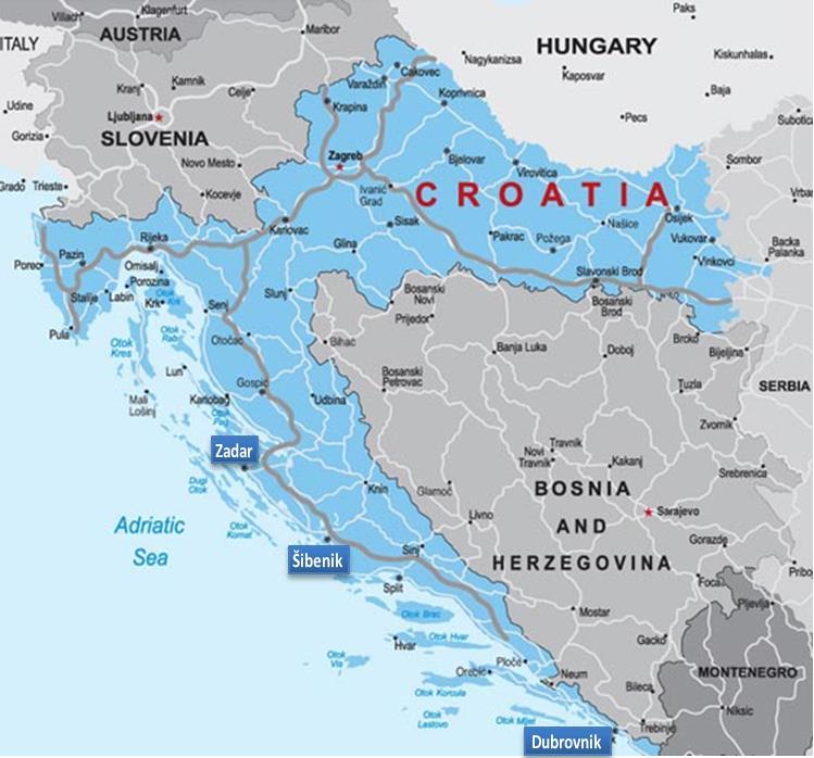 101 ábra: A Zadari Kikötő, a Šibeniki Kikötő és a Dubrovniki Kikötő elhelyezkedése Horvátországban (forrás: Šibeniki Kikötő vezetőség) 2.6.