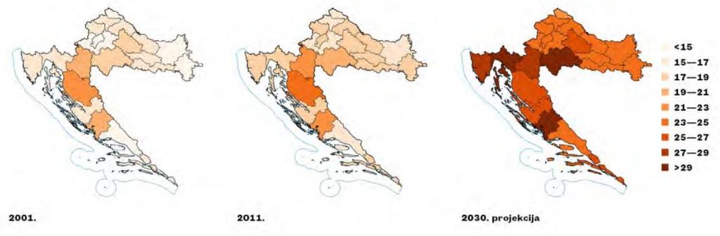 7 ábra: Idős korú népesség (65+) megyénként (Forrás: Horvátország Területrendezési Stratégiája) A lakosság demográfiai elöregedése hosszabb ideje van