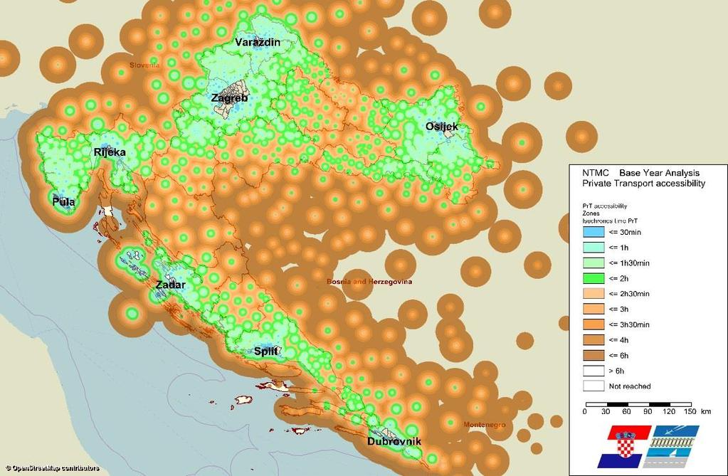 21 ábra: Regionális központok megközelítése tömegközlekedéssel (Forrás: NPM) 22 ábra: Regionális központok megközelítése magáneszközzel (Forrás: NPM) Közép-Horvátország A földrajzi fekvésére