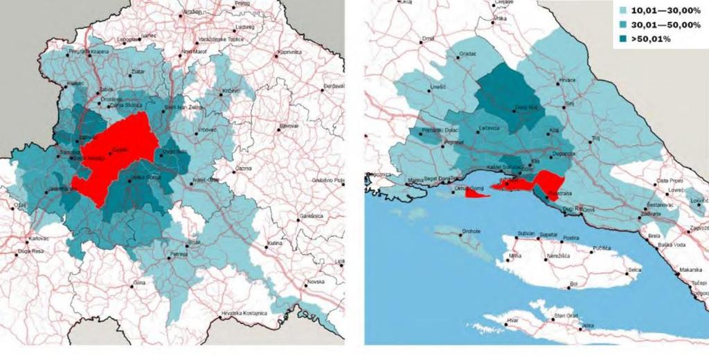 27 ábra: A napi utazók száma Zágrábban, Splitben, Rijekában és Eszéken a helyi önkormányzatban foglalkozatott lakosok összesített számához képest( Forrás: Területfejlesztési