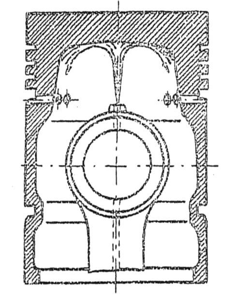7. A FORGATTYÚS HAJTÓMŰ 187 7.56. ábra. English Electric RK típusú vasúti dízelmotor dugattyújának hőmérsékleti viszonyai Szóró-olajozásra mutat példát a 7.57. ábra. A felfecskendezett olaj nem hullik rögtön vissza, hanem a dugattyútető alatt kiképzett térrészben rázódik a 7.