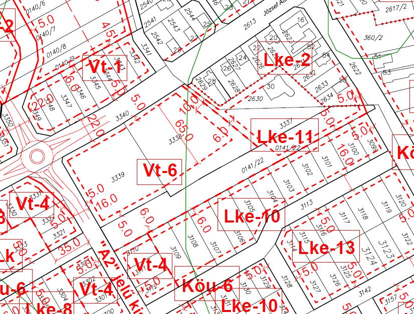 József A. u. Vt-6 és Lke-11 jelű építési övezetek déli határán (3338/1, 3338/2hrsz és 3363hrsz) módosítandó az építési hely határa. Módosítással érintett munkarész: szabályozási tervlap belterület 1.