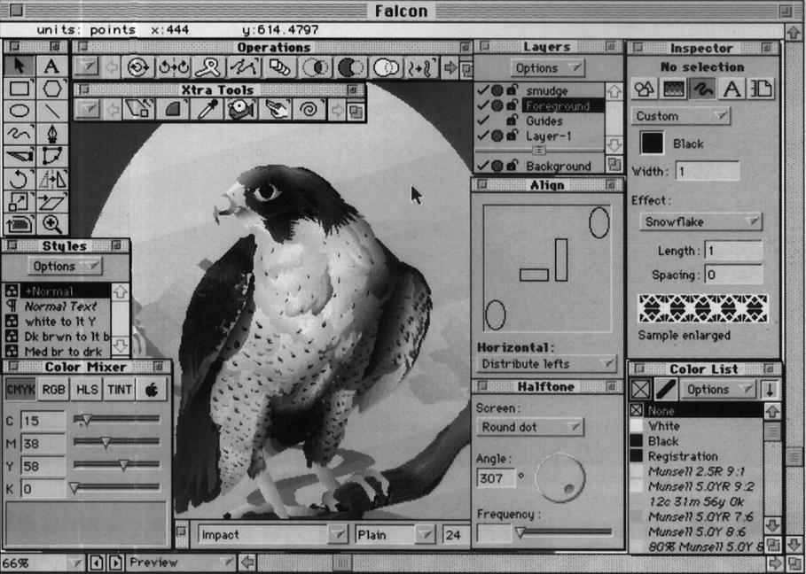 55. ábra Jellegzetes FreeHand képernyô foltok. A sza badkézi rajzok úgynevezett Bézier-görbékbôl épül nek fel (56. ábra).