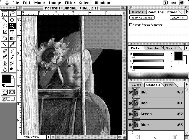 63. ábra A Photoshop munkafelülete monitoron. Ami azt jelenti, hogy a kép látszólagos mérete felbontásától függôen akár ötszörösére is nôhet.