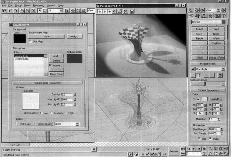 72. ábra 3D Studio MAX ablaka építészeti tervek alapján kiszámít ja, elkészíti az épület különbözô nézeteit, axo - no metrikus realista kép ét, tetszôleges nézôpont ból láthatjuk egy szoba berende -
