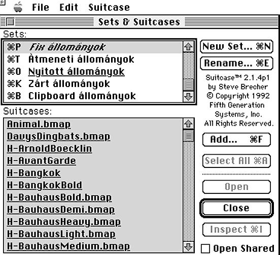 84. ábra A Suitcase fô ablaka 85. ábra A TypeBook programmal nyom tatott betûmintakönyv egy oldala használhatóvá a DTP-s és egyéb prog - ramjaink számára.