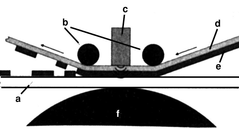 22. ábra A festékátadás nagyított részlete a) papír b) tartóhenger c) fûtés d) fólia e) festék f) henger Termotranszfer (hôviaszos) nyomtatók Csak színes változatuk létezik, na gyon drágák, de a