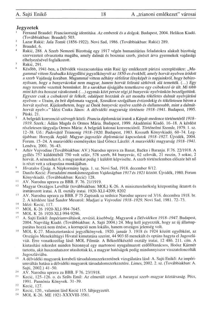 A. Sajti Enikő 18 A trianoni emlékezet" városai Jegyzetek 1 Fernand Braudel: Franciaország identitása. Az emberek és a dolgok. Budapest, 2004. Helikon Kiadó. (Továbbiakban: Braudel) 503.