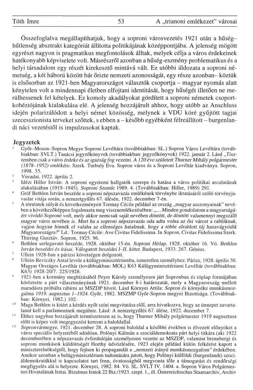 Tóth Imre 53 A trianoni emlékezet" városai Összefoglalva megállapíthatjuk, hogy a soproni városvezetés 1921 után a hűséghűtlenség absztrakt kategóriát állította politikájának középpontjába.