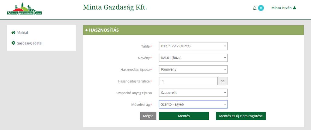 3.7 HASZNOSÍTÁS RÖGZÍTÉSE. A Hasznosítás rögzítéséhez kattintson az Új elem hozzáadása -ra és megjelenik: 3 5 7 4 6 FONTOS! A *-gal jelölt mezők kitöltése kötelező! 0 9 8.