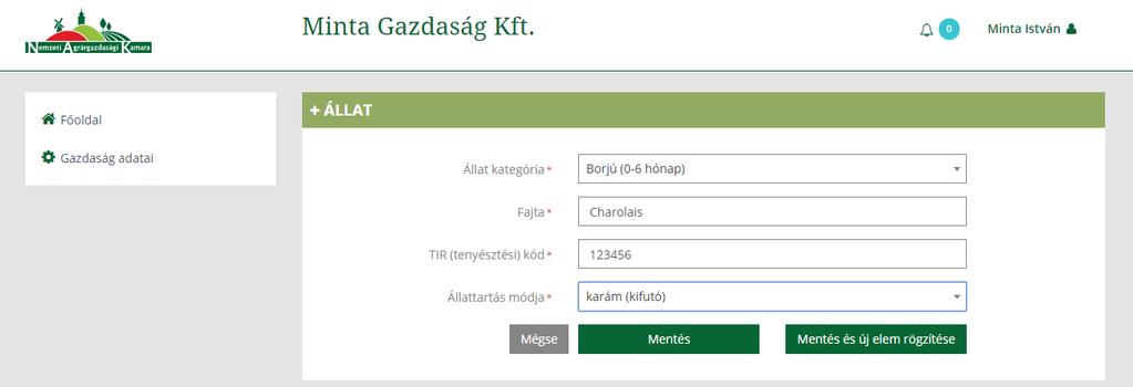 3.8 ÁLLATOK RÖGZÍTÉSE. Az Állatok rögzítéséhez kattintson az Új elem hozzáadása -ra és megjelenik: 3 5 4 FONTOS! A *-gal jelölt mezők kitöltése kötelező! 8 7 6.