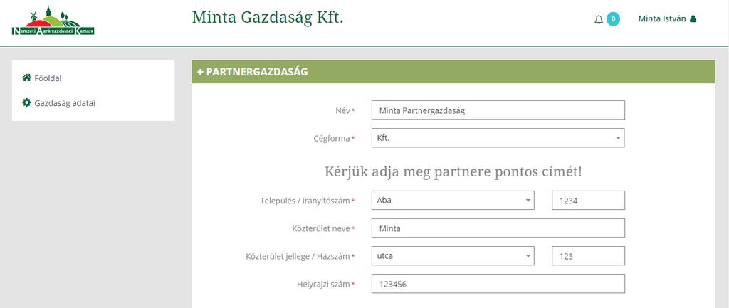 3.0 PARTNERGAZDASÁGOK RÖGZÍTÉSE. A Partnergazdaságok rögzítéséhez kattintson az Új elem hozzáadása -ra és megjelenik: 3 7 4 5 6 9 8 FONTOS! A *-gal jelölt mezők kitöltése kötelező!