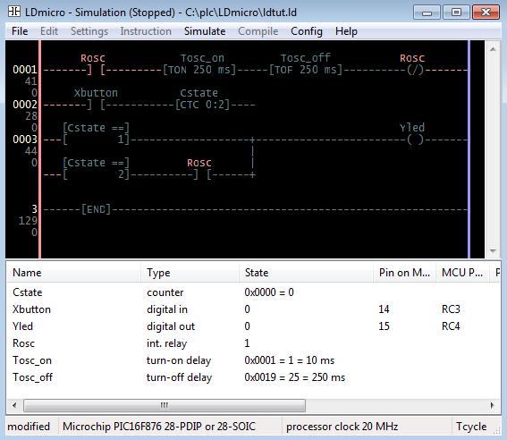 ldtest.ld LED és nyomógomb LDmicro0.