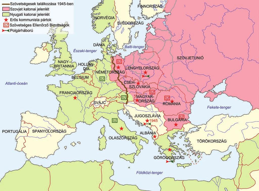3. A német vereséget követô Európa 1945-ben Hol húzódnak a szovjetunió és a nyugati szövetségesek ellenőrzése alá került területek határai? Franciaországra.