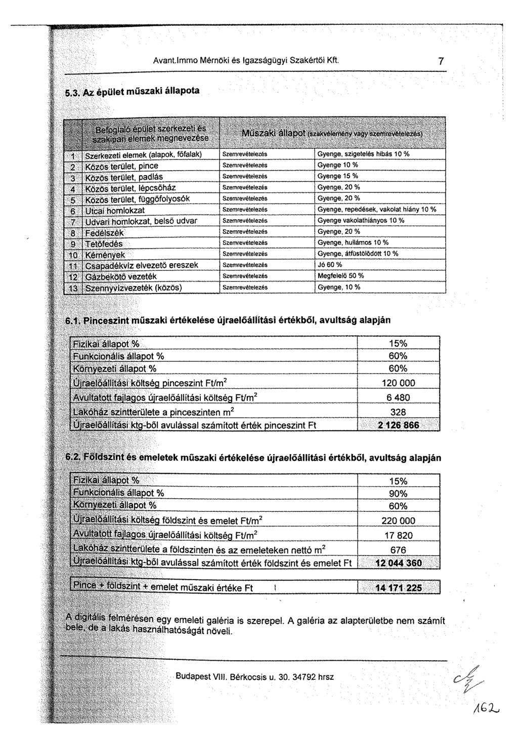 Avant, Immo Mérnöki és Igazságügyi Szakértői Kft. 7 5.3. Az épület műszaki állapota.'isī m.