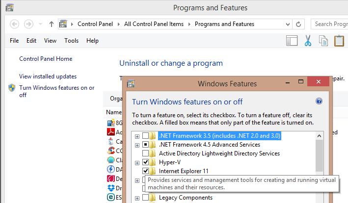 válasszuk ki a Turn Windows features on or off lehetőséget (rendszergazdai jogkör