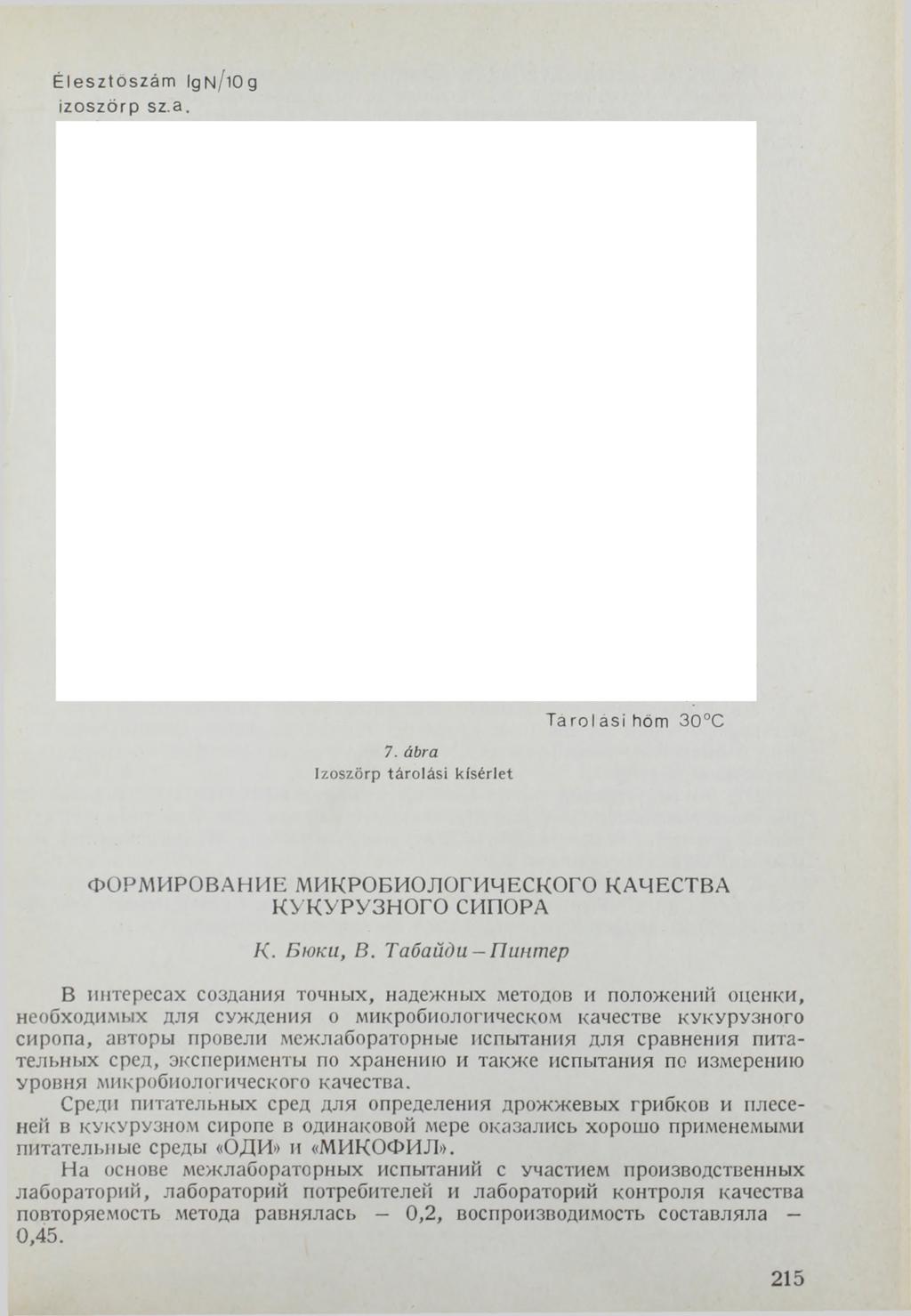 Élesztöszám lg N/Ю g izoszörp sz.a. 7. ábra Izoszörp tárolási kísérlet Tárolasihőm 30 C ФОРМИРОВАНИЕ МИКРОБИОЛОГИЧЕСКОГО КАЧЕСТВА КУКУРУЗНОГО СИПОРА К. Бюки, В.