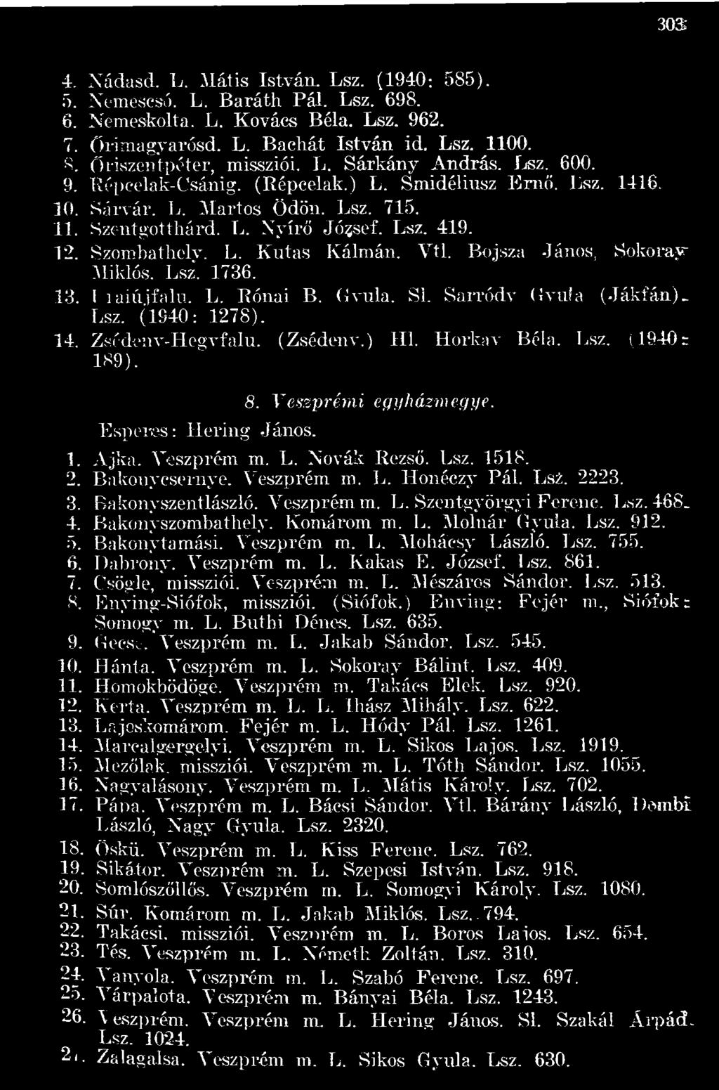 Bakonyszentlászló. Veszprém m. L. Szentgyörgyi Ferenc. Lsz. 468. 4. Bakonyszombathely. Komárom m. L. Molnár Gyula. Lsz. 912. 5. Bakony tamási. Veszprém m. L. Mohácsy László. Lsz. 755. 6. Dabrony.
