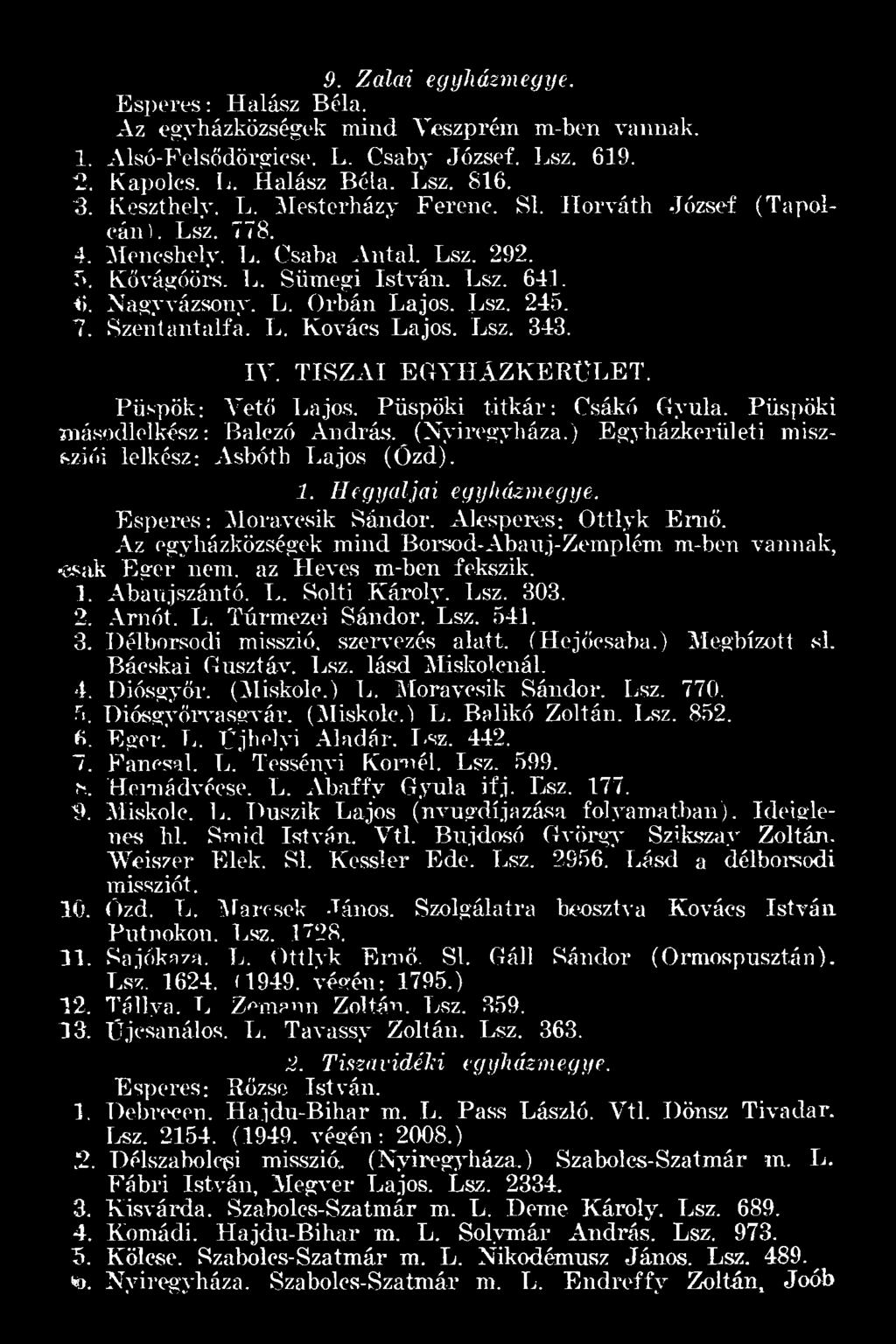 Lsz. 343. IV. TISZA I EGYHÁZKERÜLET. Püspök; Vető Lajos. Püspöki titkár: Csákó Gyula. Püspöki Jná-sodlelkész: Balczó András. (Nyíregyháza.) Egyházkerületi miszsziói lelkész; Asbóth Lajos (Ózd). 1.