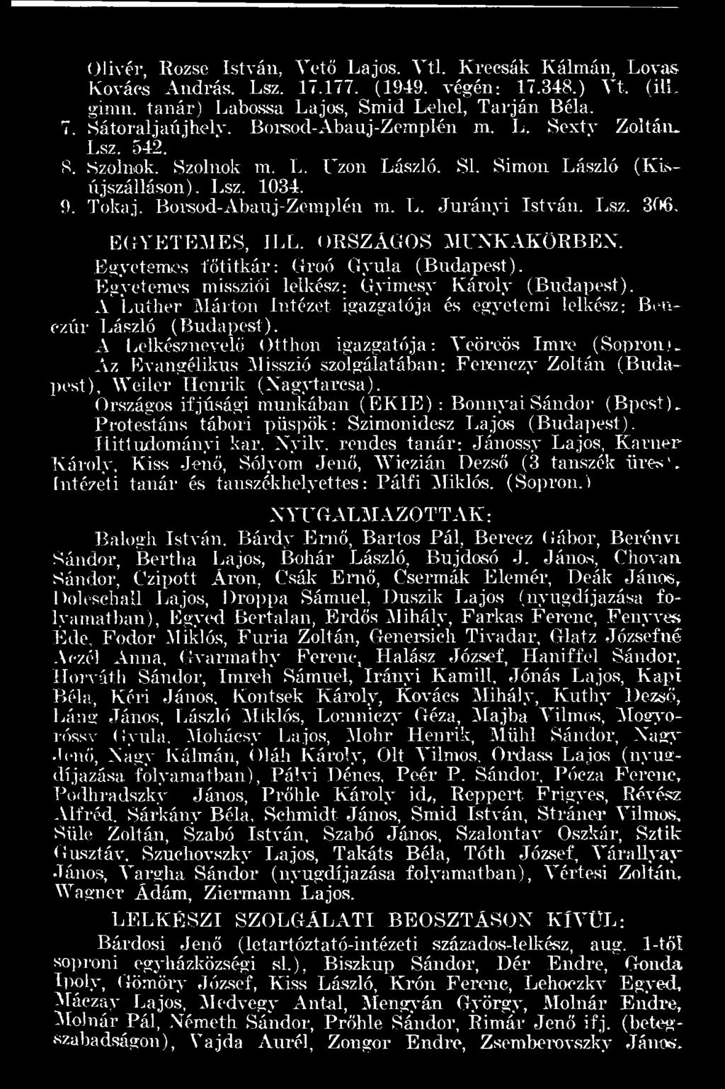 A Lelkésznevelő Otthon igazgatója: Veöreös Imre (Sopron;* Az Evangélikus Misszió szolgálatában: Ferenczy Zoltán (Budapest), Weiler Henrik (Nagytarcsa).