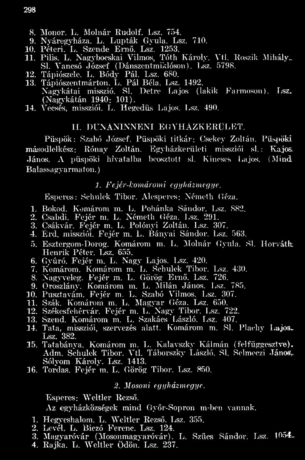 Lsz. 882. 2. Csabdi. Fejér m. L. Németh Géza. Lsz. 291. 3. Csákvár. Fejér m. L. Polónyi Zoltán. Lsz. 307. 4. Érd, missziói. Fejér m. L. Bányai Sándor. Lsz. 563. 5. Esztergom-Dorog. Komárom m. L. Molnár Gyula.