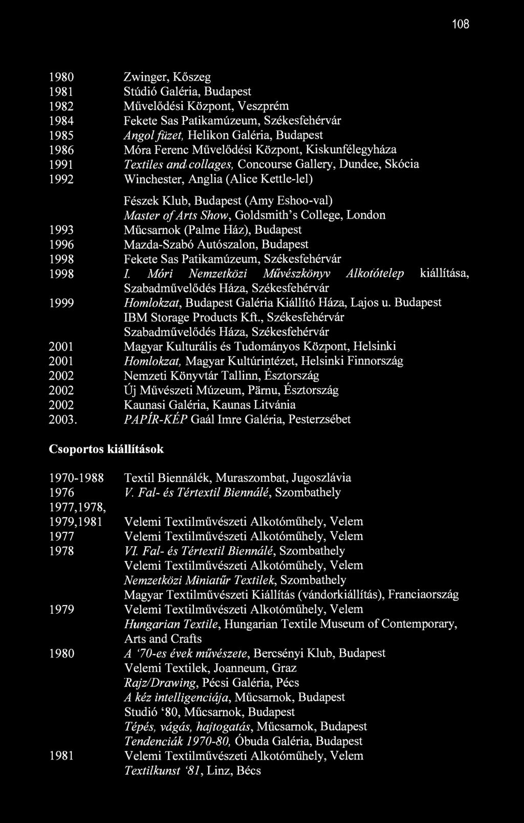 108 1980 Zwinger, Kőszeg 1981 Stúdió Galéria, Budapest 1982 Művelődési Központ, Veszprém 1984 Fekete Sas Patikamúzeum, Székesfehérvár 1985 Angol füzet, Helikon Galéria, Budapest 1986 Móra Ferenc