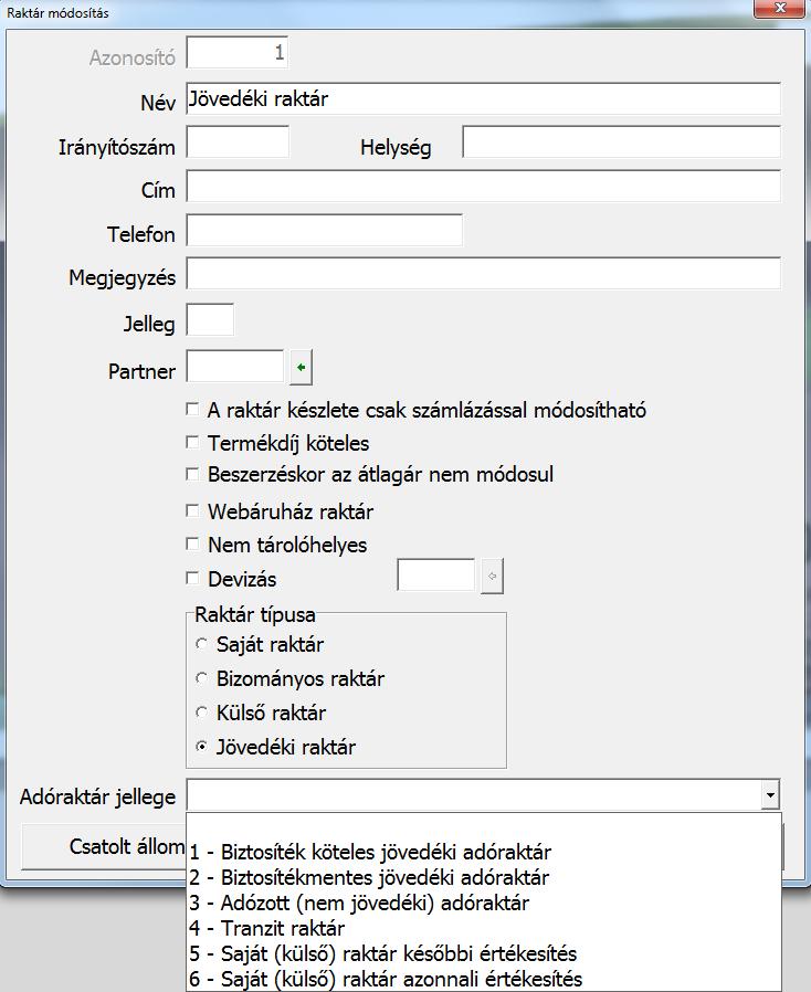 Számlázási törzsadatok / Raktárak A Számlázási törzsadatok/raktárak menüpontban lehet rögzíteni az egyes raktárakat, valamint az is megadható, hogy a raktár jövedéki raktár.