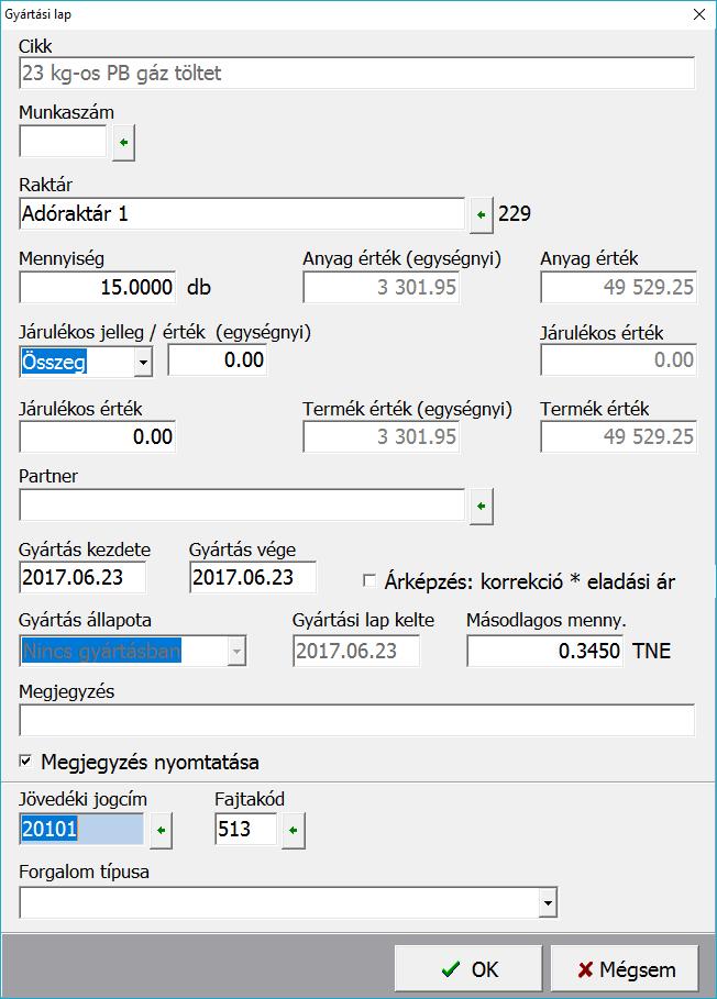 Adóraktári engedélyes cég esetén amennyiben jövedéki cikket gyártunk a jövedéki jogcím és fajtakód megadása