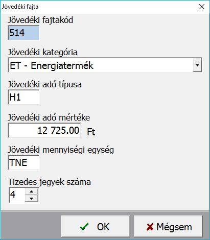 Beállítások a RAXLA programban Jövedéki nyilvántartás/jövedéki fajták (Adóraktári engedély esetén kell megadni!