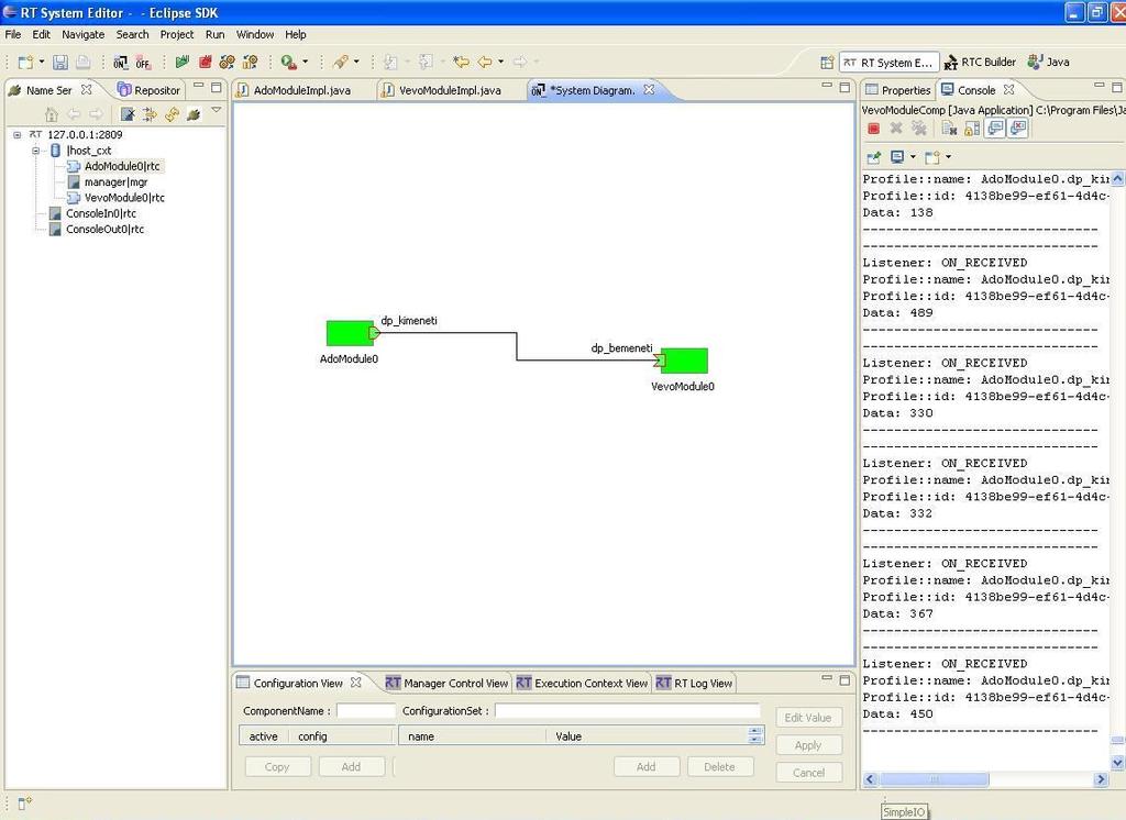 RT System Editor: segítségével grafikus felületen irányíthatjuk komponenseink működését, viselkedését, állíthatjuk állapotaikat, illetve összeköthetjük az egyes modulokat egymással.