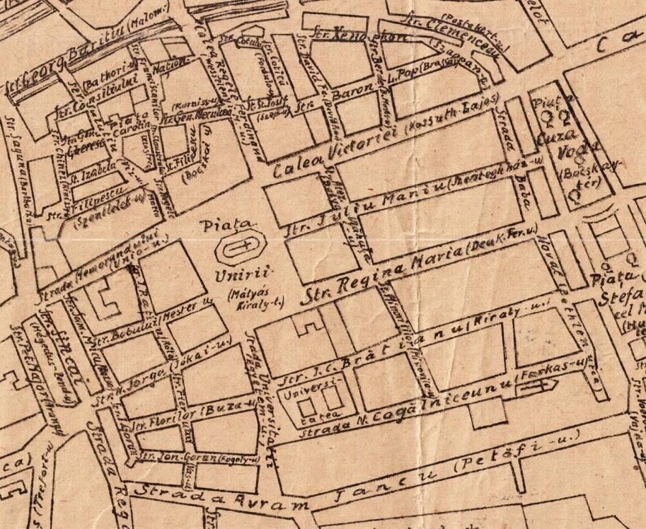 Kolozsvár Romániában 1920 1940: változatlan csak pár funkcionális név marad (str. Universităţii) szimbolikus nevek cseréje: kevés motivált (str.