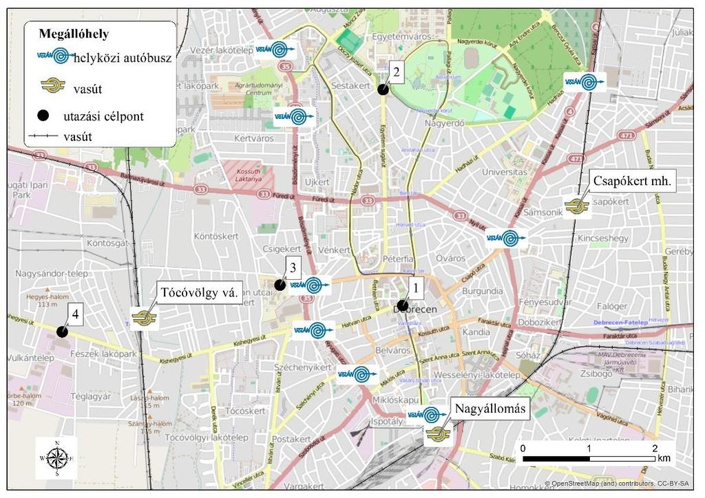 Az utazási célpontok megközelíthetősége 1. Belváros Kossuth tér 2. Debreceni Egyetem: Egyetem téri campus és Klinikák 3. Kenézy Gyula Kórház 4.