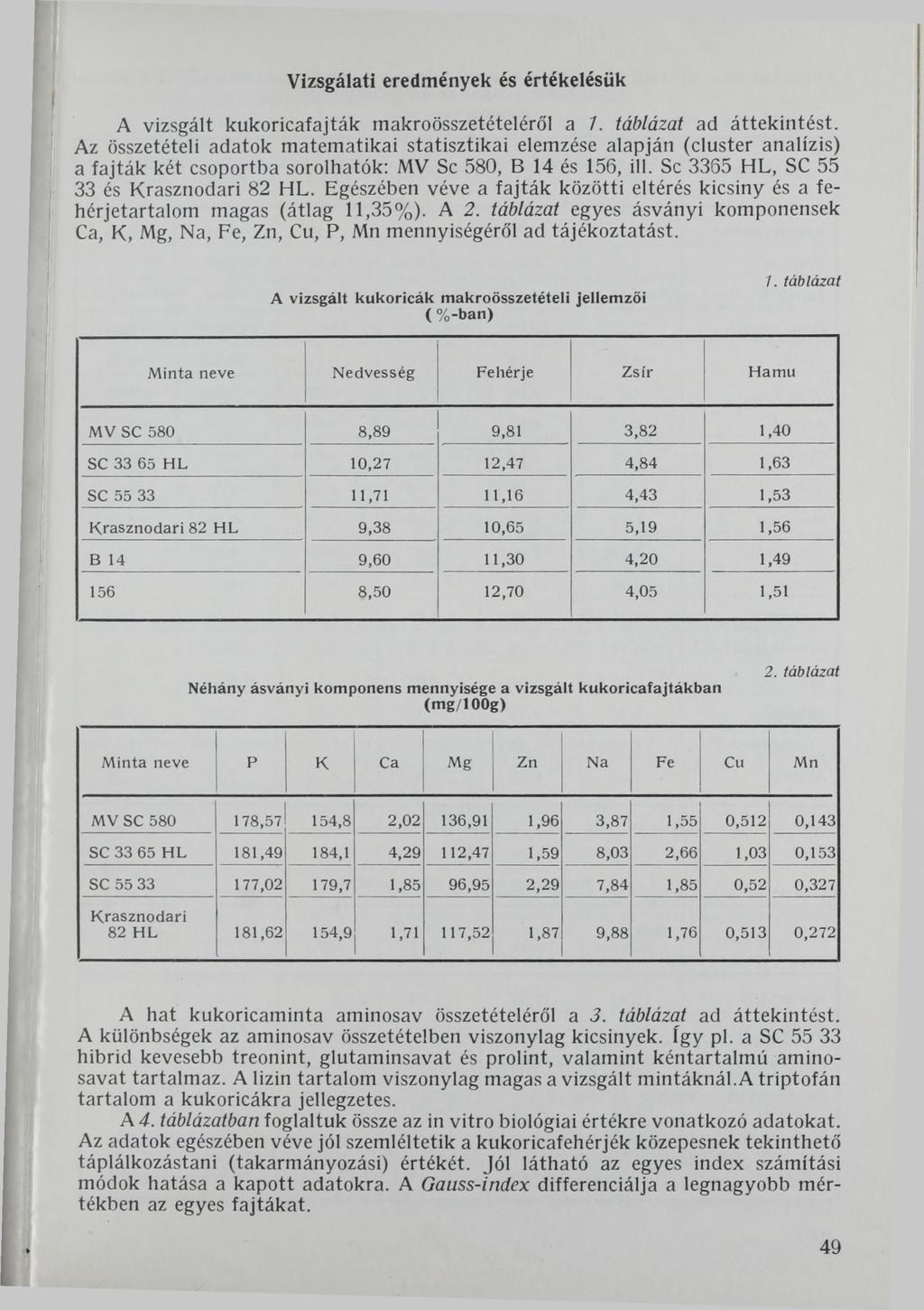 Vizsgálati eredmények és értékelésük A vizsgált kukoricafajták makroösszetételéről a 7. táblázat ad áttekintést.