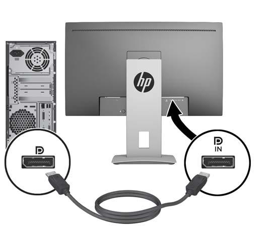 Csatlakoztassa a DisplayPort kábel egyik végét a kijelző hátulján lévő DisplayPort IN csatlakozóhoz, a másik végét pedig a forráseszköz DisplayPort csatlakozójához.