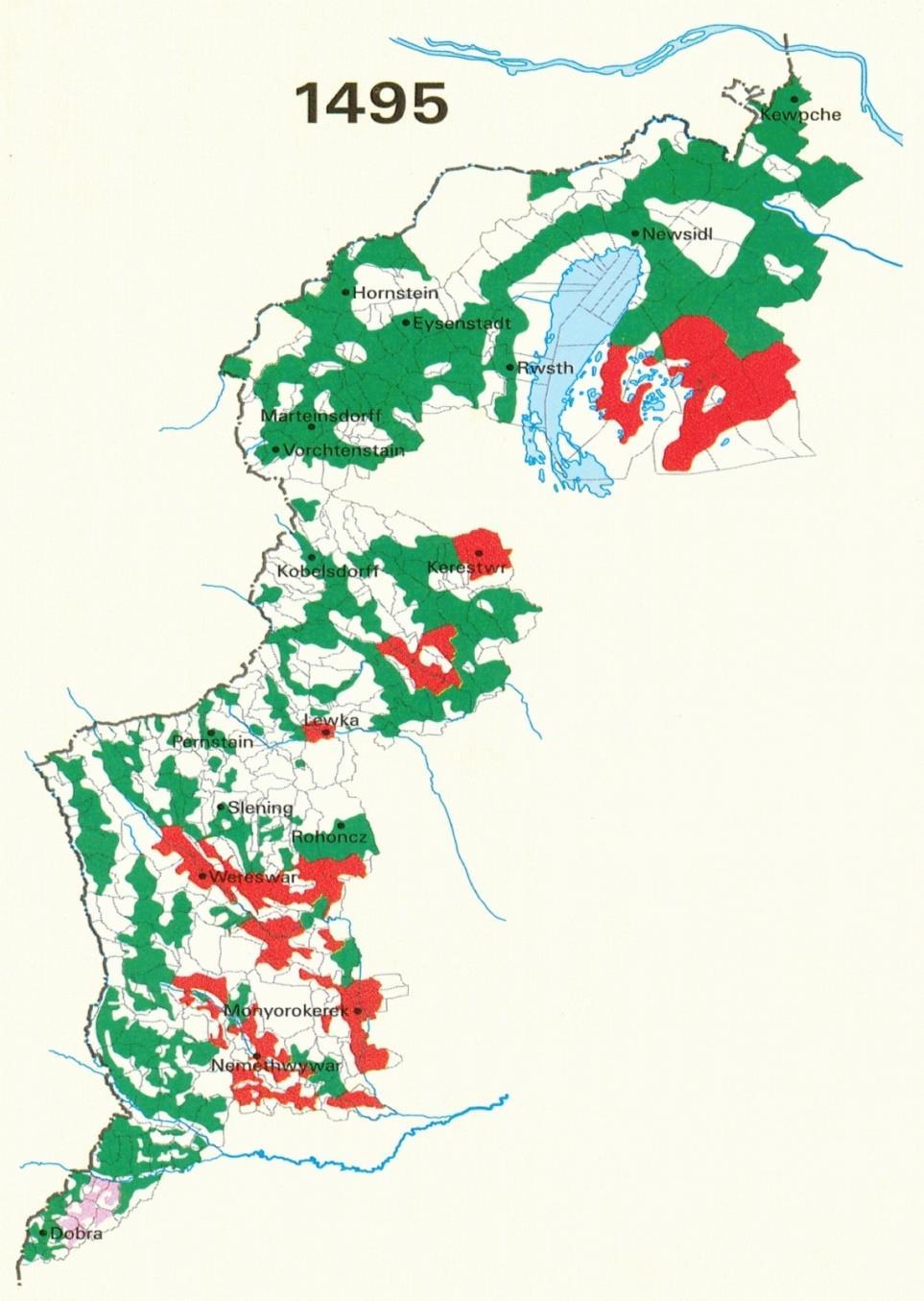 III. NYELVKÖRNYEZETTANI KONTEXTUS 12. ábra. Őrvidék etnikai térképe 1495-ben 83 A majorságok zárt közössége nyelvszigetet alkotott a német falvak gyűrűjében.