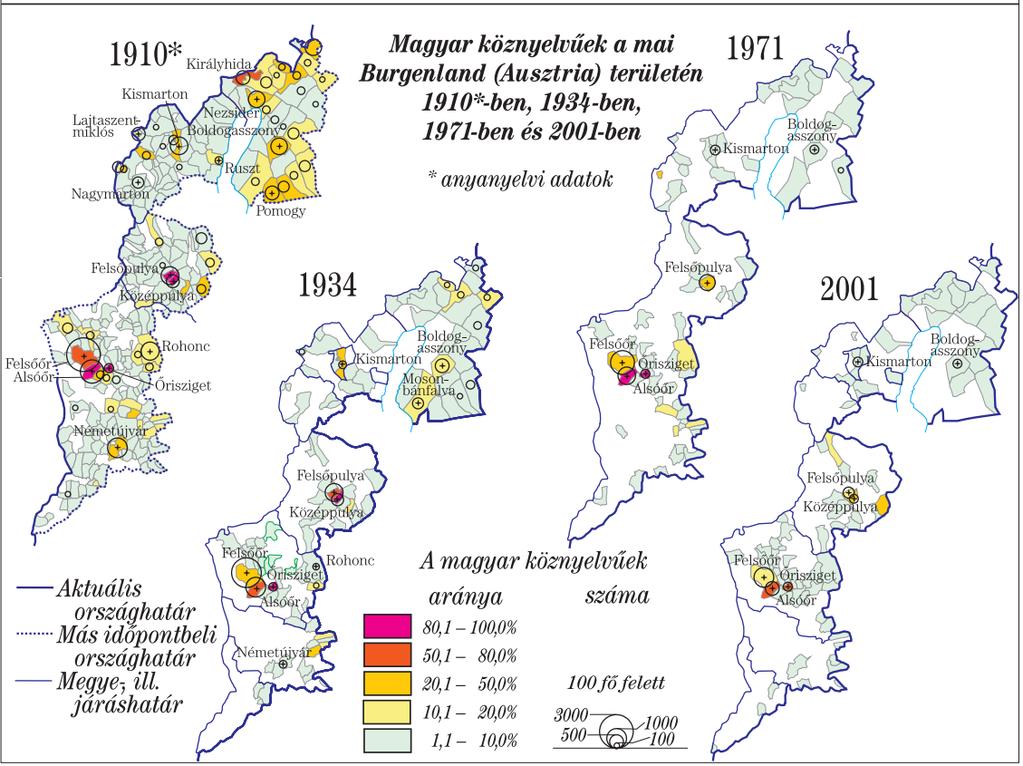 III. NYELVKÖRNYEZETTANI KONTEXTUS 11. ábra. Magyar köznyelvűek a mai Burgenland területén 81 1.5.1. A burgenlandi magyarok rövid története, települései és létszáma Az utolsó hagyományos cenzus (2001) alkalmával 6.